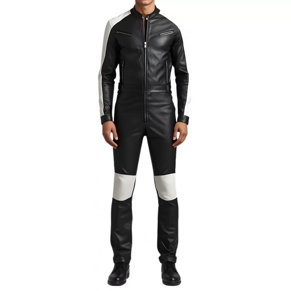 COMBINAISON HOMME EN CUIR D'AGNEAU STRETCH NOIR ET BLANC MODELE BRIZZY COMBINAISON HOMME EN CUIR D'AGNEAU STRETCH NOIR ET BLANC MODELE BRIZZY