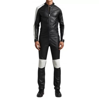 COMBINAISON HOMME EN CUIR D'AGNEAU STRETCH NOIR ET BLANC MODELE BRIZZY