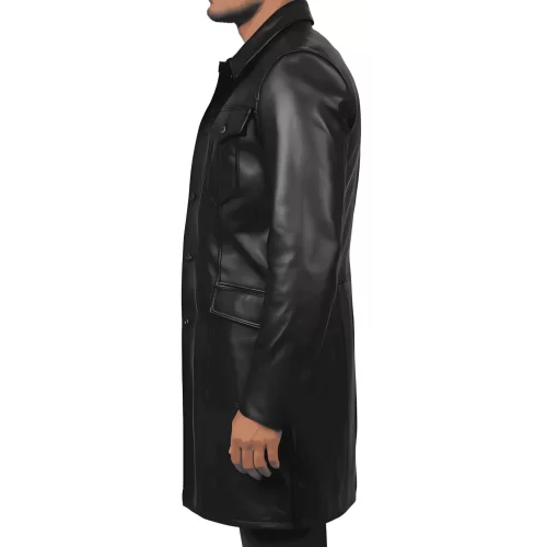 Trois quart long en cuir d'agneau noir fermeture par boutons sur l'avant modèle Hirisse