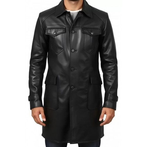 Trois quart long en cuir d'agneau noir fermeture par boutons sur l'avant modèle Hirisse