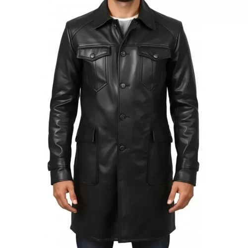 Trois quart long en cuir d'agneau noir fermeture par boutons sur l'avant modèle Hirisse