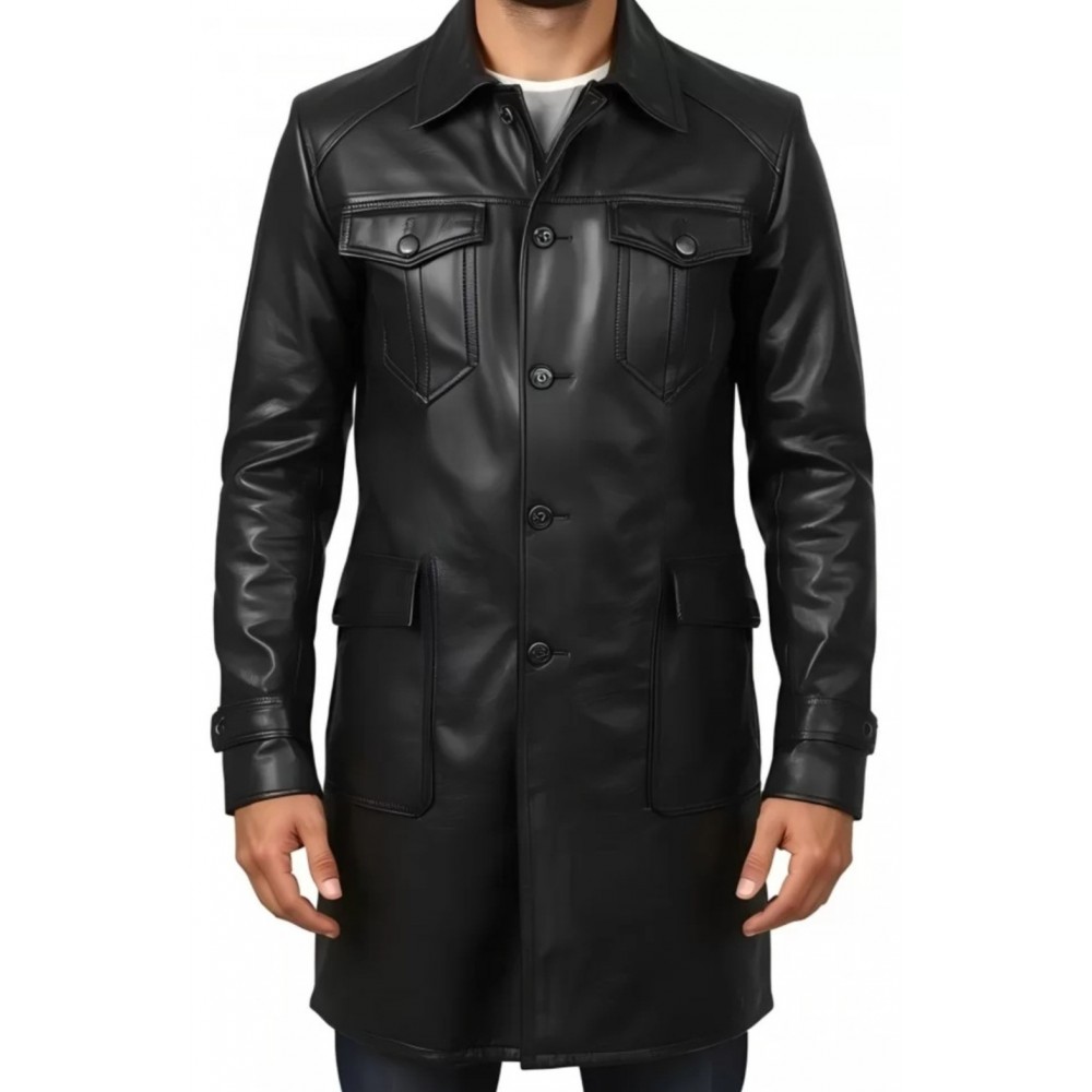Trois quart long en cuir d'agneau noir fermeture par boutons sur l'avant modèle Hirisse