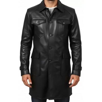 Trois quart long en cuir d'agneau noir fermeture par boutons sur l'avant modèle Hirisse
