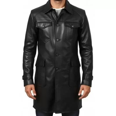 Trois quart long en cuir d'agneau noir fermeture par boutons sur l'avant modèle Hirisse