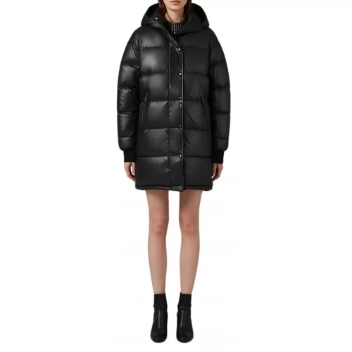 Doudoune trois quart femme en cuir d'agneau plongé avec capuche modèle Azerrale