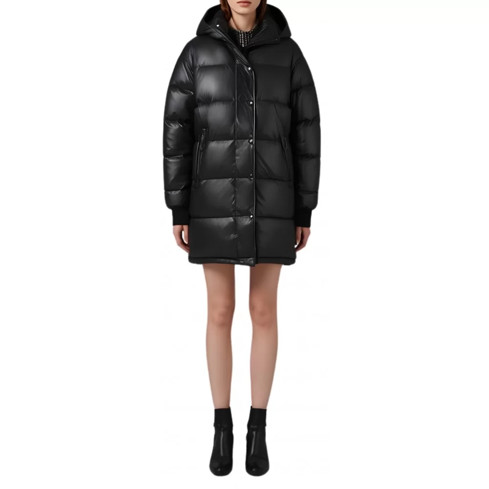 Doudoune trois quart femme en cuir d'agneau plongé avec capuche modèle Azerrale