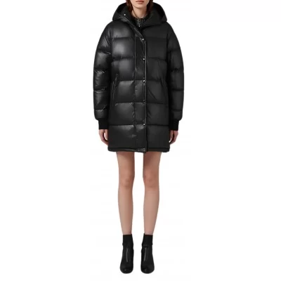 Doudoune trois quart femme en cuir d'agneau plongé avec capuche modèle Azerrale