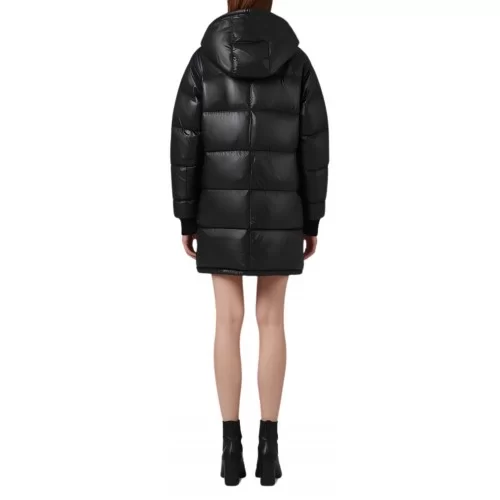 Doudoune trois quart femme en cuir d'agneau plongé avec capuche modèle Azerrale