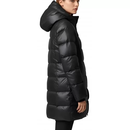 Doudoune trois quart femme en cuir d'agneau noir avec capuche amovible modèle Désirée