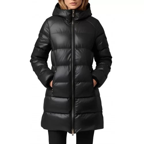 Doudoune trois quart femme en cuir d'agneau noir avec capuche amovible modèle Désirée