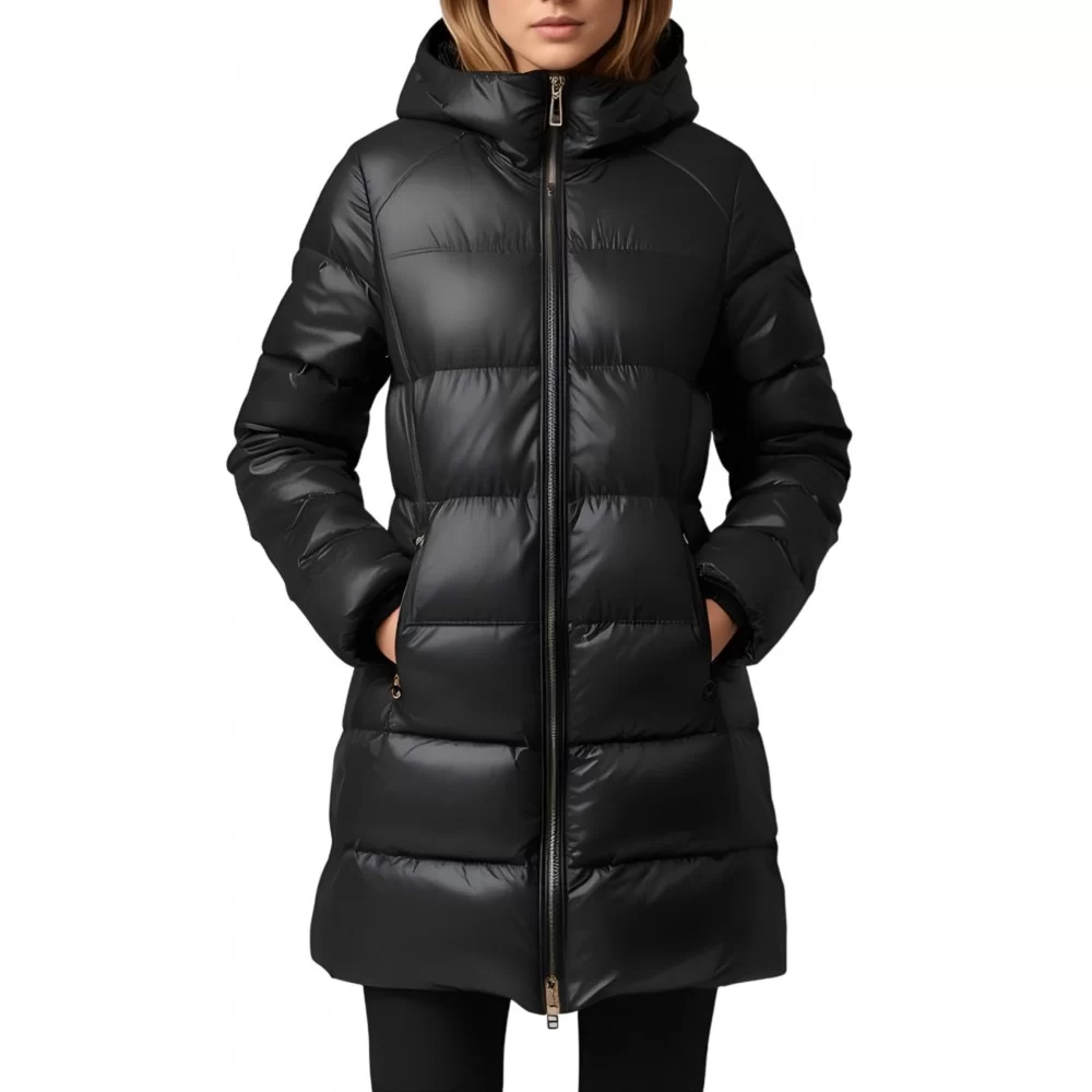 Doudoune trois quart femme en cuir d'agneau noir avec capuche amovible modèle Désirée