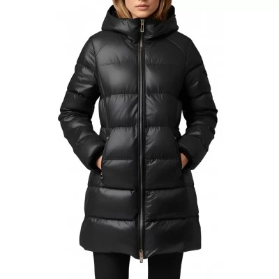 Doudoune trois quart femme en cuir d'agneau noir avec capuche amovible modèle Désirée