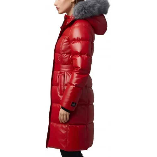 Doudoune en agneau plongé rouge avec capuche bords renard argenté modèle Pakety