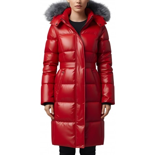 Doudoune en agneau plongé rouge avec capuche bords renard argenté modèle Pakety
