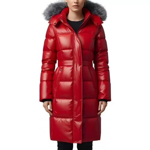 Doudoune en agneau plongé rouge avec capuche bords renard argenté modèle Pakety