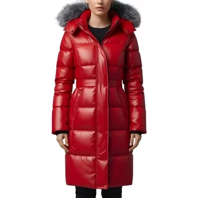 Doudoune en agneau plongé rouge avec capuche bords renard argenté modèle Pakety