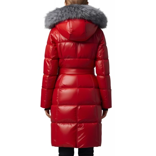 Doudoune en agneau plongé rouge avec capuche bords renard argenté modèle Pakety