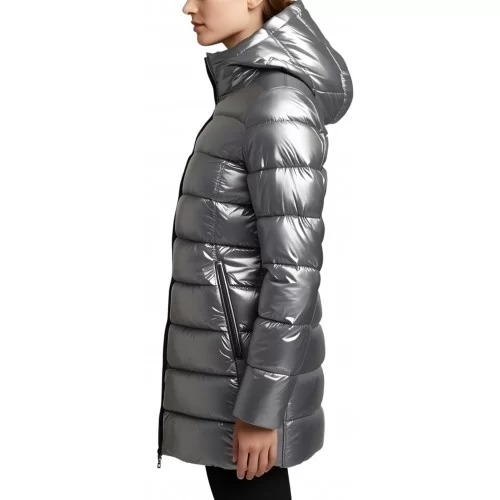 Doudoune en agneau métallisé gris argent avec capuche modèle Samantha