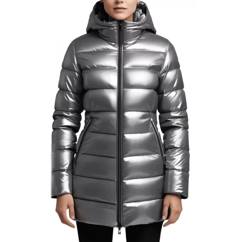 Doudoune en agneau métallisé gris argent avec capuche modèle Samantha