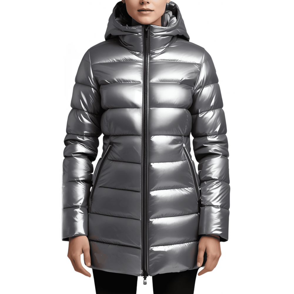 Doudoune en agneau métallisé gris argent avec capuche modèle Samantha