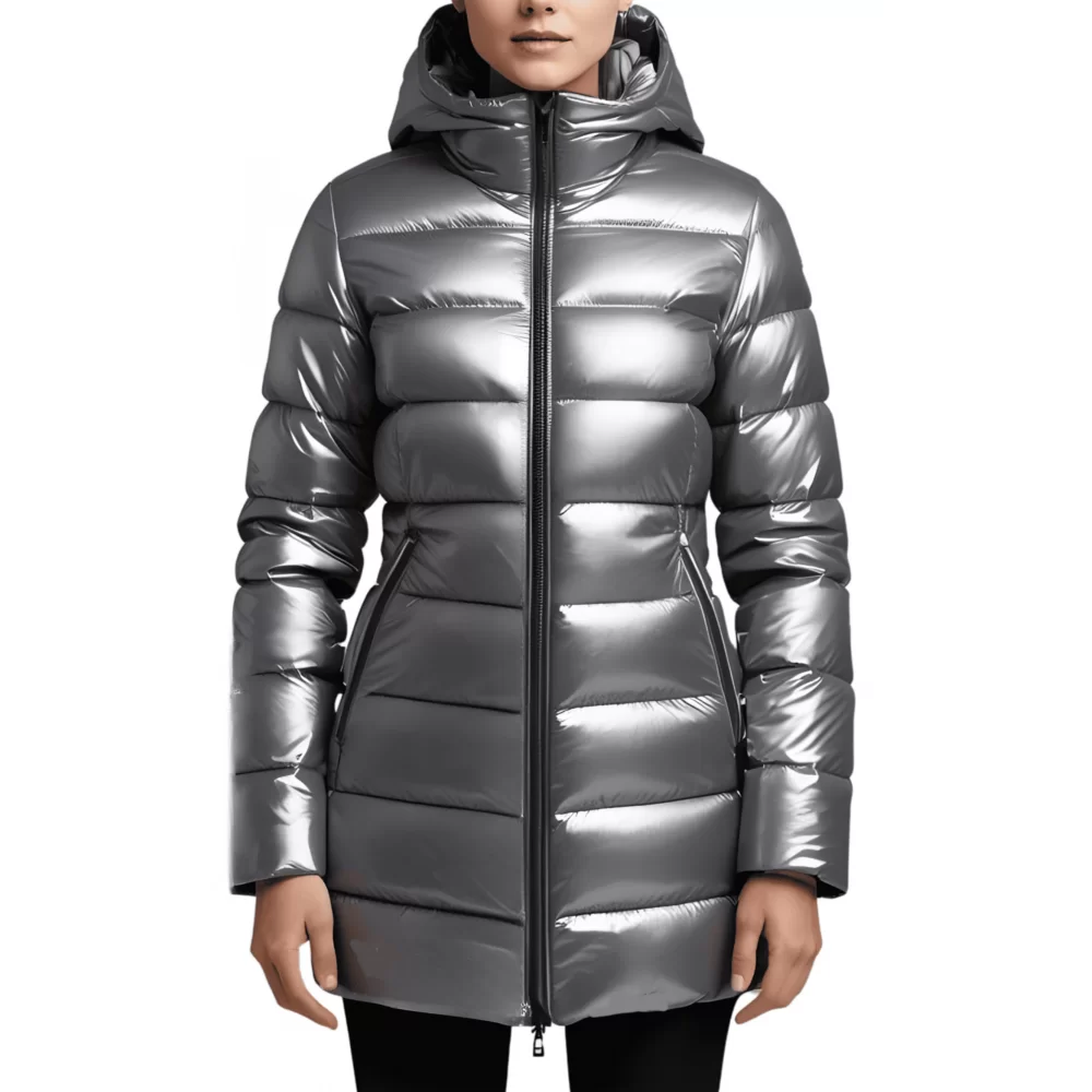 Doudoune en agneau métallisé gris argent avec capuche modèle Samantha Doudoune en agneau métallisé gris argent avec capuche modèle Samantha