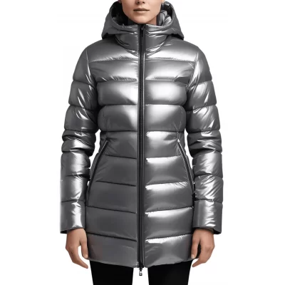 Doudoune en agneau métallisé gris argent avec capuche modèle Samantha