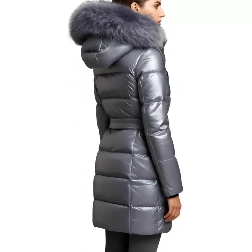 Doudoune en agneau métal argent avec capuche bords renard argenté modèle Florania