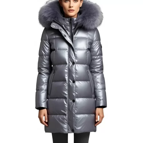 Doudoune en agneau métal argent avec capuche bords renard argenté modèle Florania