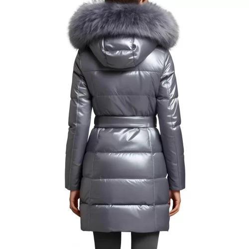 Doudoune en agneau métal argent avec capuche bords renard argenté modèle Florania