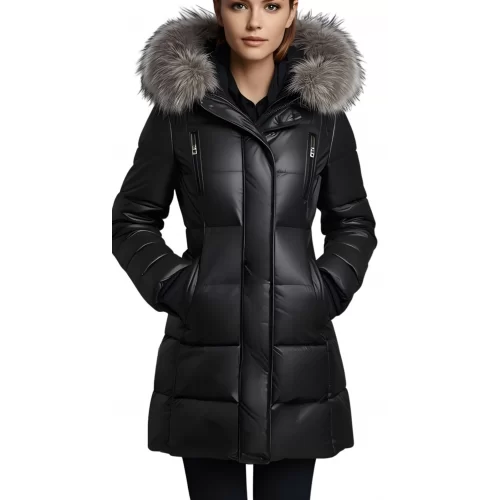 Doudoune trois quart femme en cuir d'agneau noir avec capuche amovible avec bords renard argenté modèle Xanlia