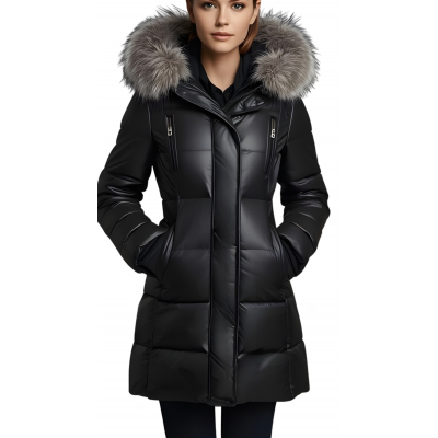 Doudoune trois quart femme en cuir d'agneau noir avec capuche amovible avec bords renard argenté modèle Xanlia