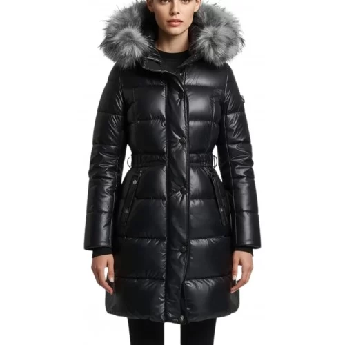 Doudoune trois quart femme en cuir d'agneau plongé bords de col en peau de renard argenté véritable modèle Dalila