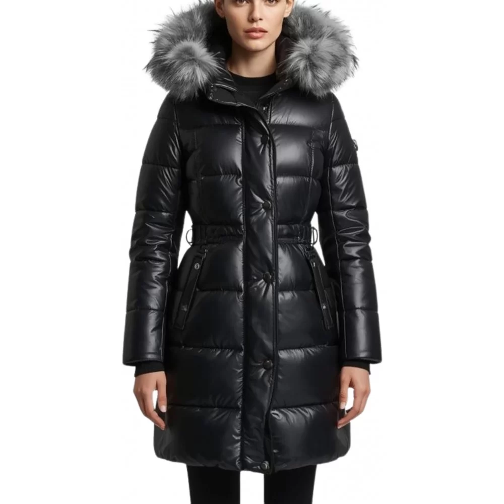 Doudoune trois quart femme en cuir d'agneau plongé bords de col en peau de renard argenté véritable modèle Dalila Doudoune trois quart femme en cuir d'agneau plongé bords de col en peau de renard argenté véritable modèle Dalila