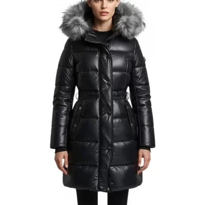 Doudoune trois quart femme en cuir d'agneau plongé bords de col en peau de renard argenté véritable modèle Dalila