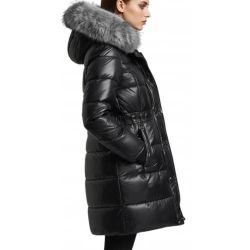 Doudoune trois quart femme en cuir d'agneau plongé bords de col en peau de renard argenté véritable modèle Dalila