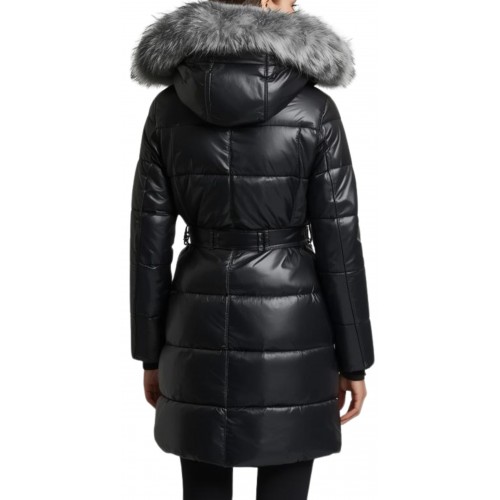Doudoune trois quart femme en cuir d'agneau plongé bords de col en peau de renard argenté véritable modèle Dalila