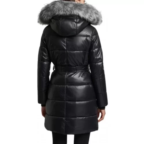 Doudoune trois quart femme en cuir d'agneau plongé bords de col en peau de renard argenté véritable modèle Dalila