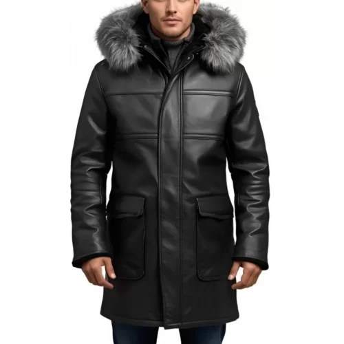 3/4 homme peau lainée mouton retourné huilé noir intèrieur mouton noir avec capuche amovible bords renard argenté modèle Lucio
