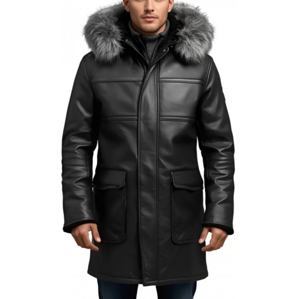 3/4 homme peau lainée mouton retourné huilé noir intèrieur mouton noir avec capuche amovible bords renard argenté modèle Lucio
