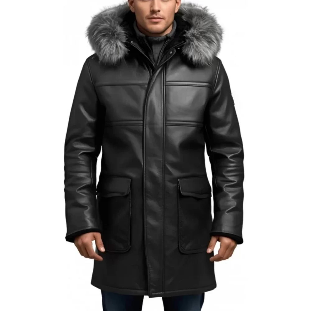 3/4 homme peau lainée mouton retourné huilé noir intèrieur mouton noir avec capuche amovible bords renard argenté modèle Lucio 3/4 homme peau lainée mouton retourné huilé noir intèrieur mouton noir avec capuche amovible bords renard argenté modèle Lucio