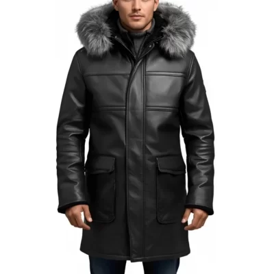 3/4 homme peau lainée mouton retourné huilé noir intèrieur mouton noir avec capuche amovible bords renard argenté modèle Lucio