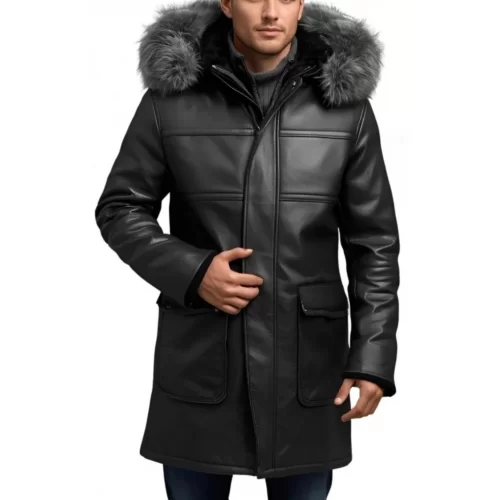 3/4 homme peau lainée mouton retourné huilé noir intèrieur mouton noir avec capuche amovible bords renard argenté modèle Lucio