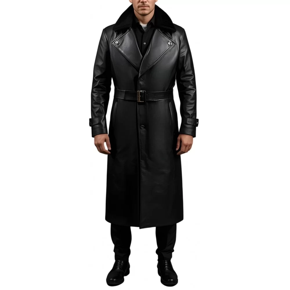 Manteau en cuir d'agneau noir fermeture par boutons sur l'avant avec ceinture et col mouton amovible modèle Priusse Manteau en cuir d'agneau noir fermeture par boutons sur l'avant avec ceinture et col mouton amovible modèle Priusse