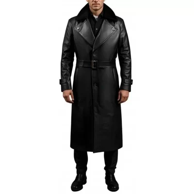 Manteau en cuir d'agneau noir fermeture par boutons sur l'avant avec ceinture et col mouton amovible modèle Priusse