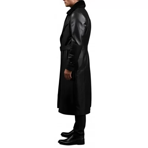 Manteau en cuir d'agneau noir fermeture par boutons sur l'avant avec ceinture et col mouton amovible modèle Priusse