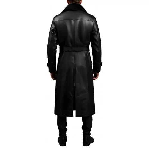 Manteau en cuir d'agneau noir fermeture par boutons sur l'avant avec ceinture et col mouton amovible modèle Priusse