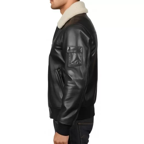 Blouson cuir aviateur homme en mouton noir col amovible en mouton véritable blanc modèle Planeur