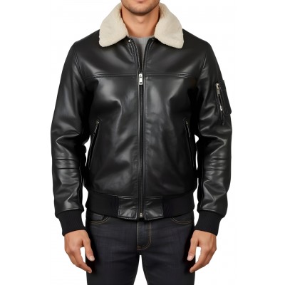 Blouson cuir aviateur homme en mouton noir col amovible en mouton véritable blanc modèle Planeur