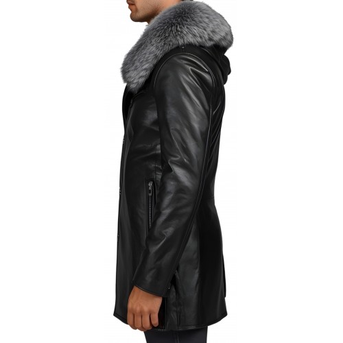 Trois quart homme en cuir d'agneau noir capuche avec col en renard argenté véritable modèle Prixoriuce