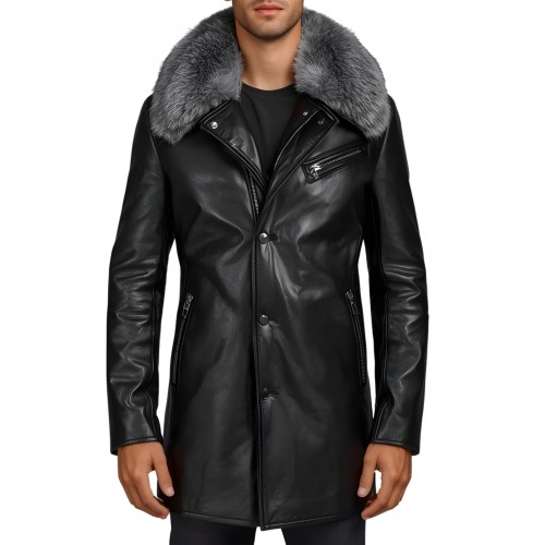 Trois quart homme en cuir d'agneau noir capuche avec col en renard argenté véritable modèle Prixoriuce